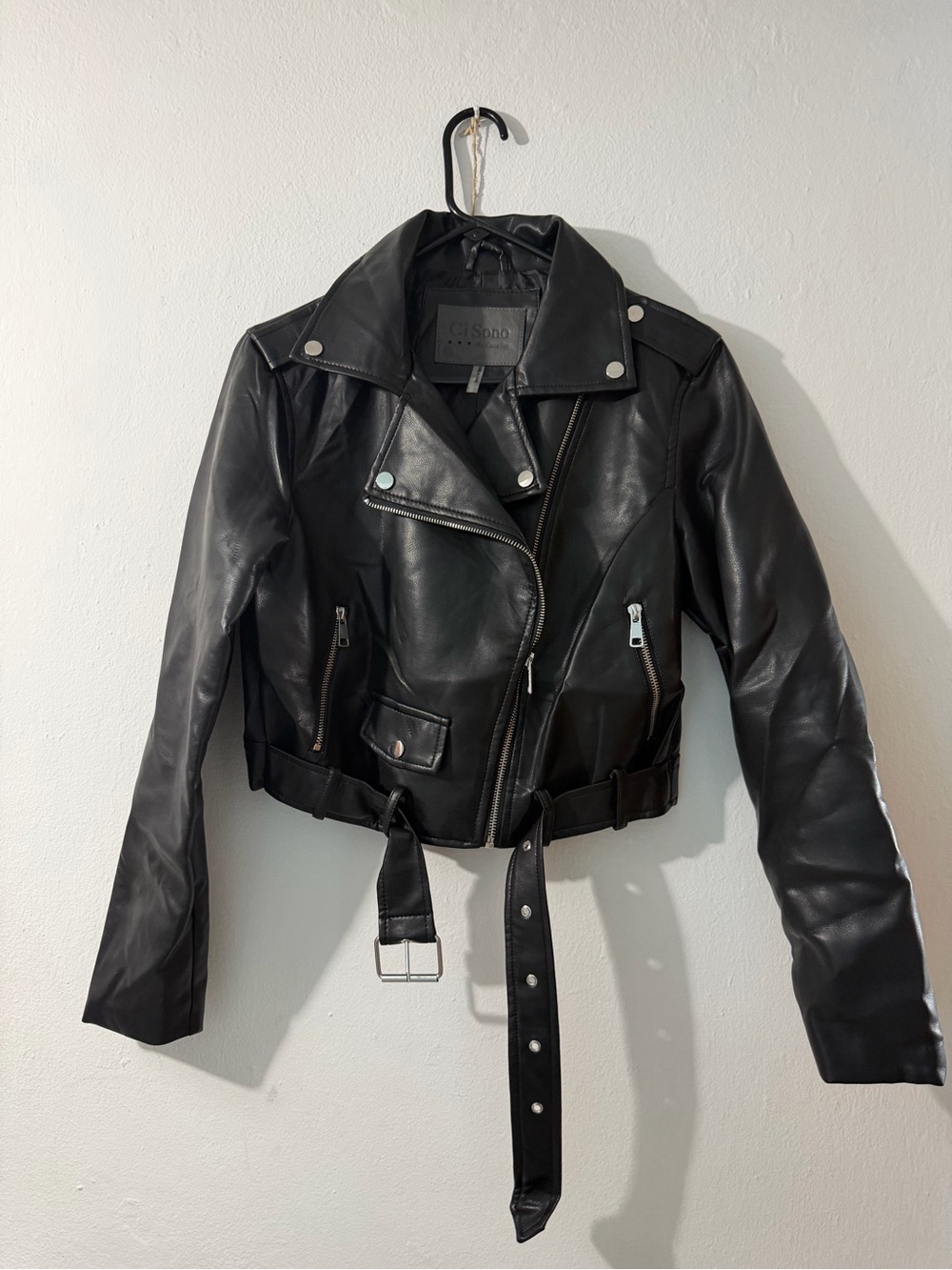 Ci Sono Black Leather Moto Jacket with Belt